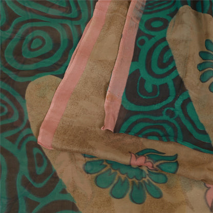Sanskriti Vintage Sarees Brown/Green Pure Georgette Silk Print Sari Craft Sustainable Fabric