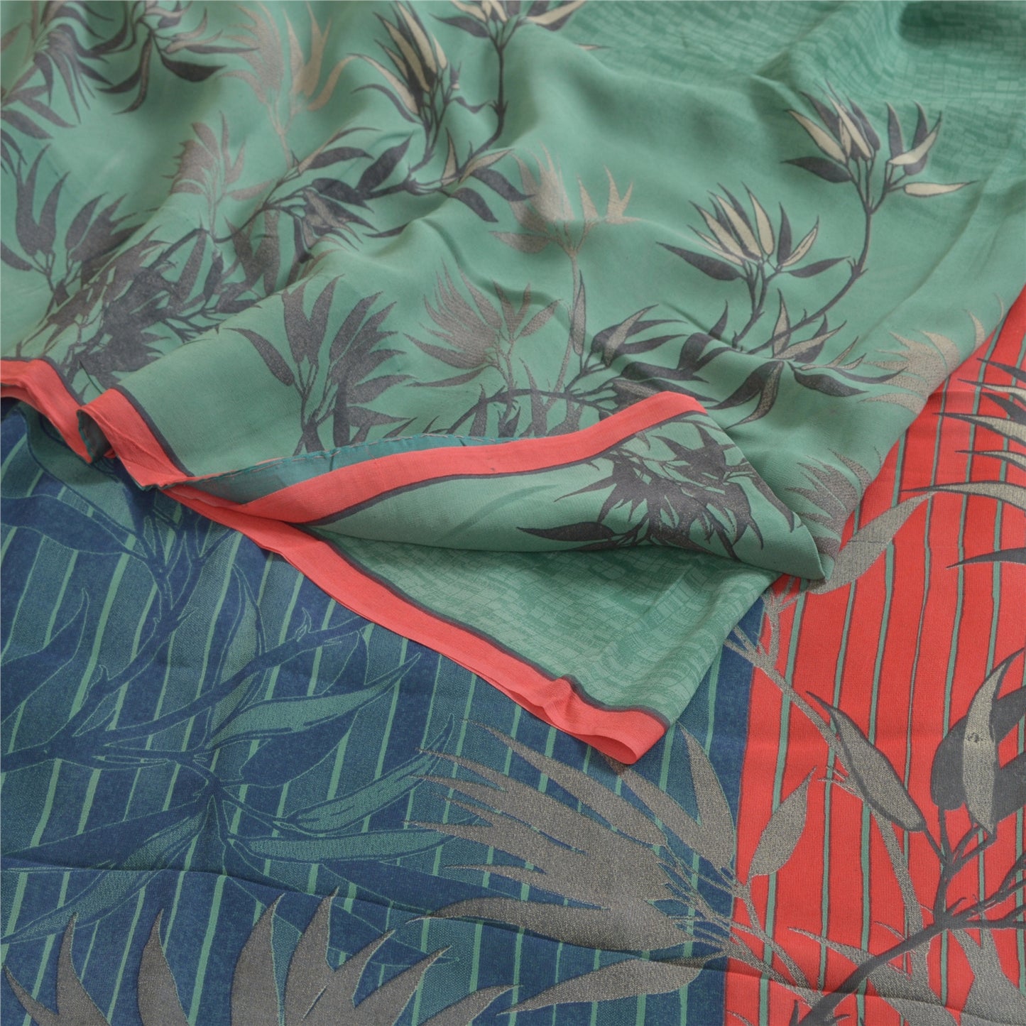 Sanskriti Vintage Sarees Green Pure Georgette Silk Printed Sari 6yd Craft Sustainable Fabric