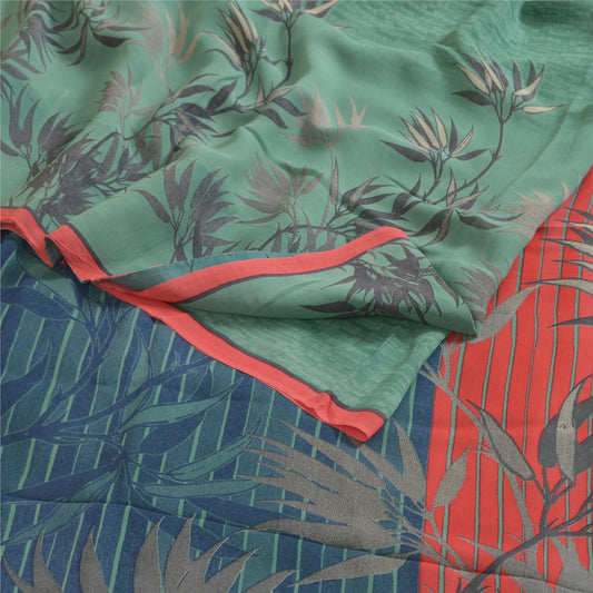 Sanskriti Vintage Sarees Green Pure Georgette Silk Printed Sari 6yd Craft Sustainable Fabric