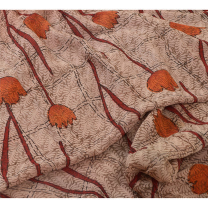 Sanskriti Vintage Sarees Pink/Red Zari Border Pure Georgette Sari Printed Sustainable Fabric