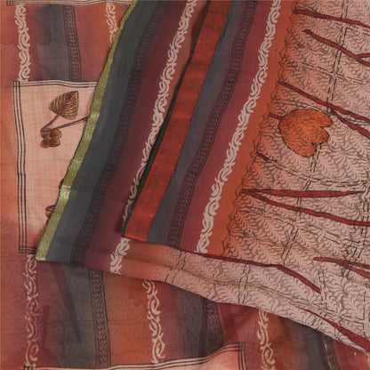 Sanskriti Vintage Sarees Pink/Red Zari Border Pure Georgette Sari Printed Sustainable Fabric