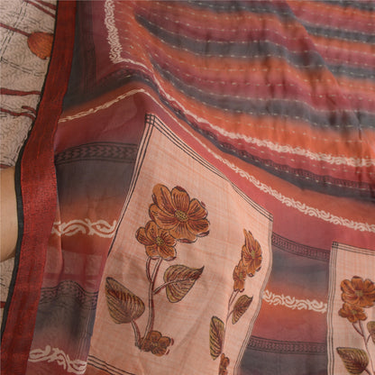 Sanskriti Vintage Sarees Pink/Red Zari Border Pure Georgette Sari Printed Sustainable Fabric