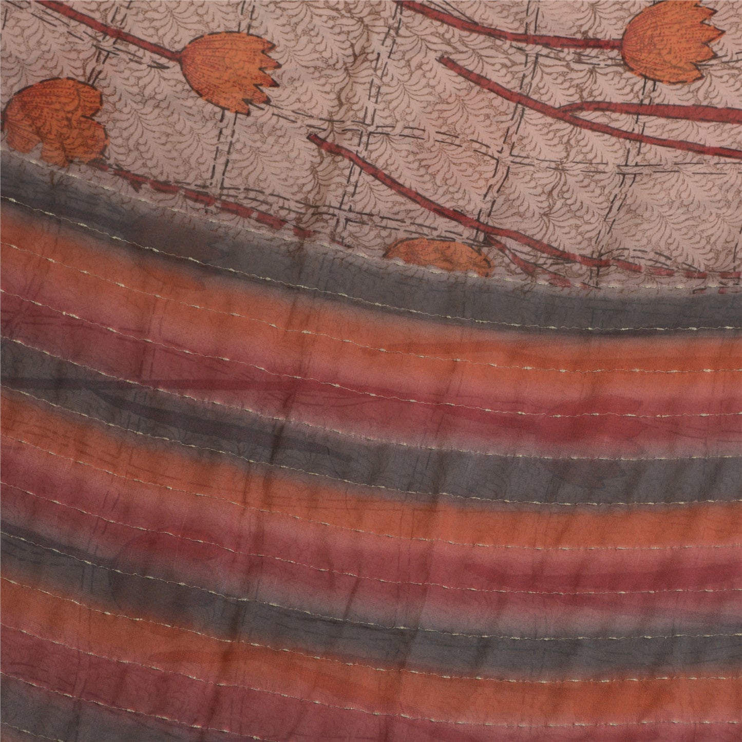 Sanskriti Vintage Sarees Pink/Red Zari Border Pure Georgette Sari Printed Sustainable Fabric