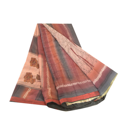 Sanskriti Vintage Sarees Pink/Red Zari Border Pure Georgette Sari Printed Sustainable Fabric