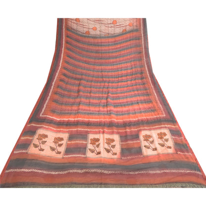Sanskriti Vintage Sarees Pink/Red Zari Border Pure Georgette Sari Printed Sustainable Fabric