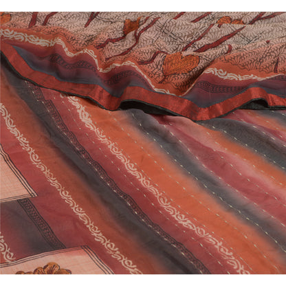 Sanskriti Vintage Sarees Pink/Red Zari Border Pure Georgette Sari Printed Sustainable Fabric