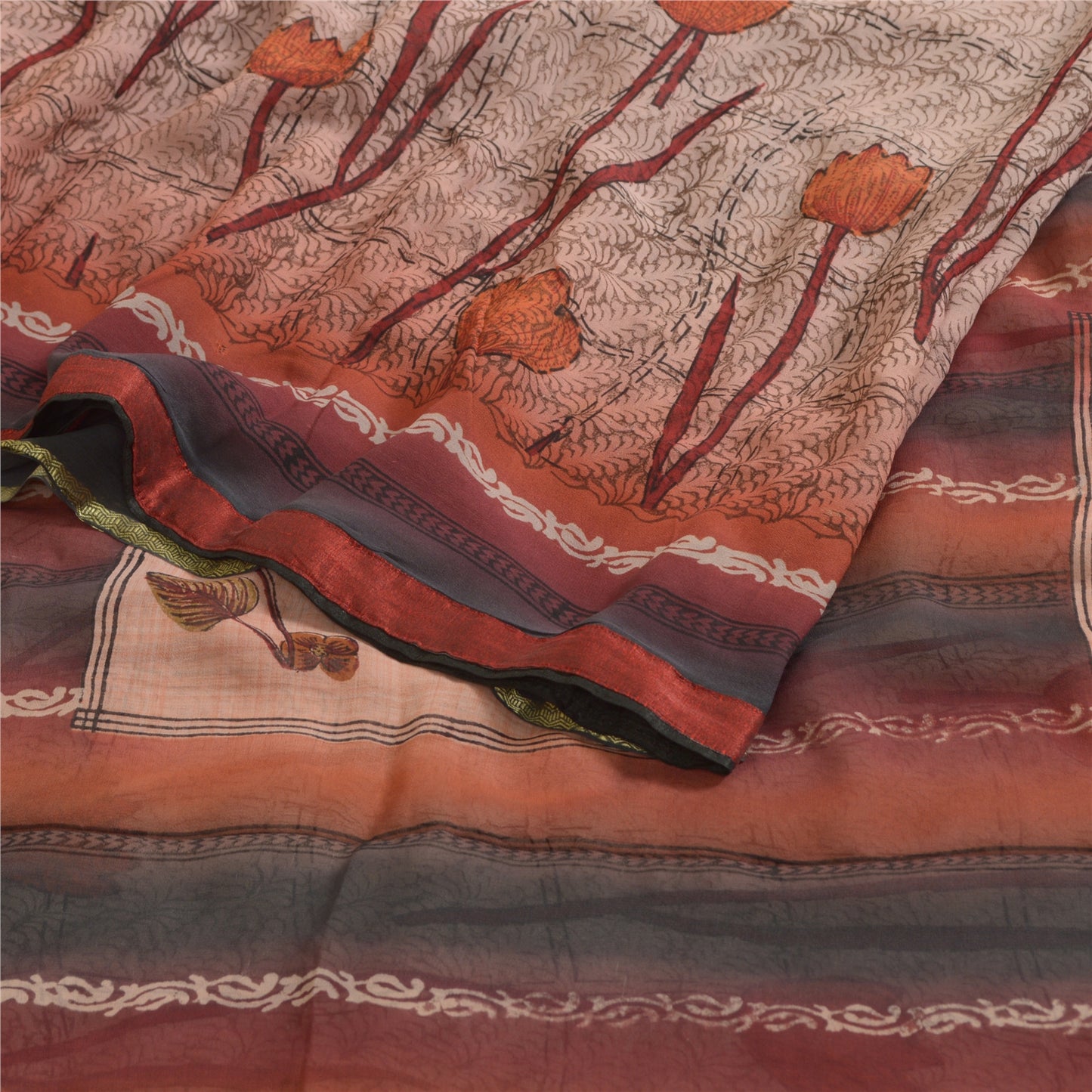 Sanskriti Vintage Sarees Pink/Red Zari Border Pure Georgette Sari Printed Sustainable Fabric