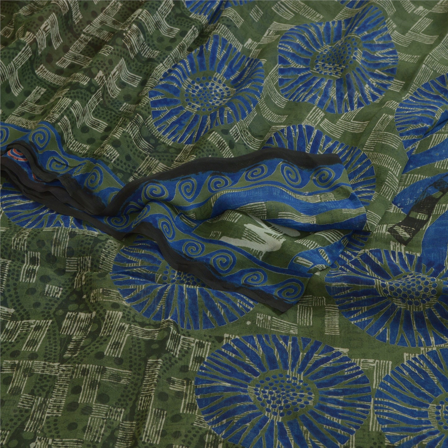 Sanskriti Vintage Sarees Red/Green Pure Georgette Silk Printed Sari Craft Sustainable Fabric