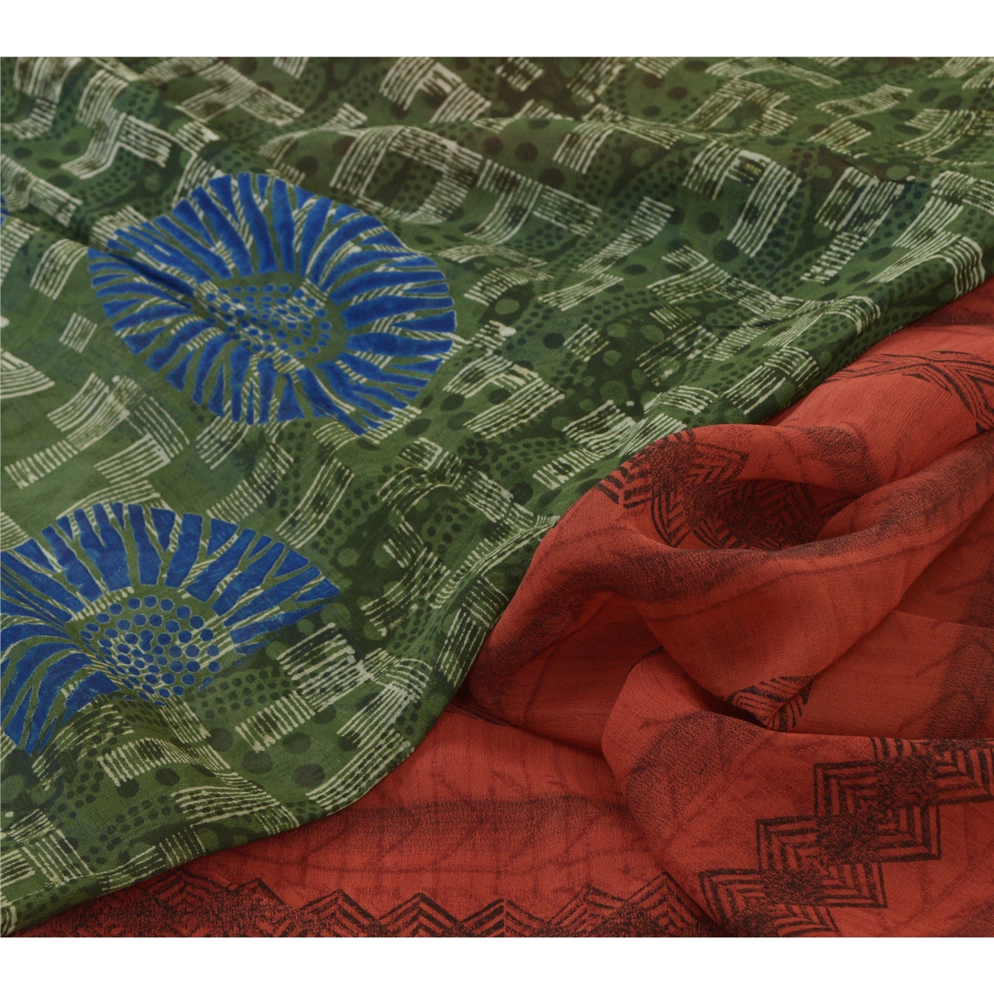 Sanskriti Vintage Sarees Red/Green Pure Georgette Silk Printed Sari Craft Sustainable Fabric