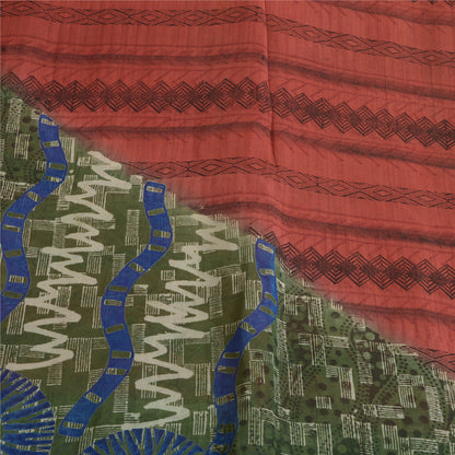 Sanskriti Vintage Sarees Red/Green Pure Georgette Silk Printed Sari Craft Sustainable Fabric
