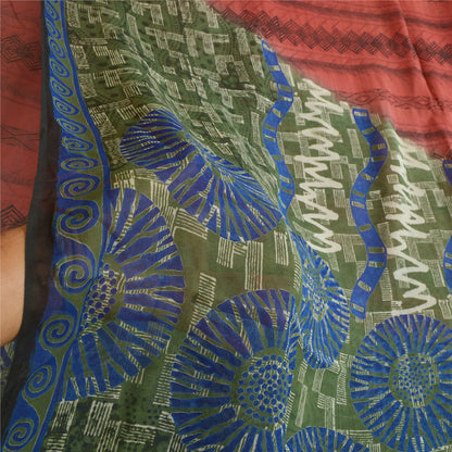 Sanskriti Vintage Sarees Red/Green Pure Georgette Silk Printed Sari Craft Sustainable Fabric