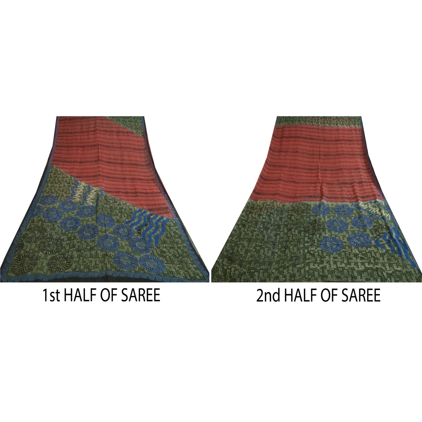 Sanskriti Vintage Sarees Red/Green Pure Georgette Silk Printed Sari Craft Sustainable Fabric