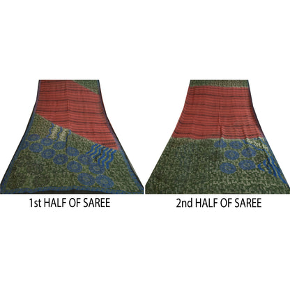 Sanskriti Vintage Sarees Red/Green Pure Georgette Silk Printed Sari Craft Sustainable Fabric