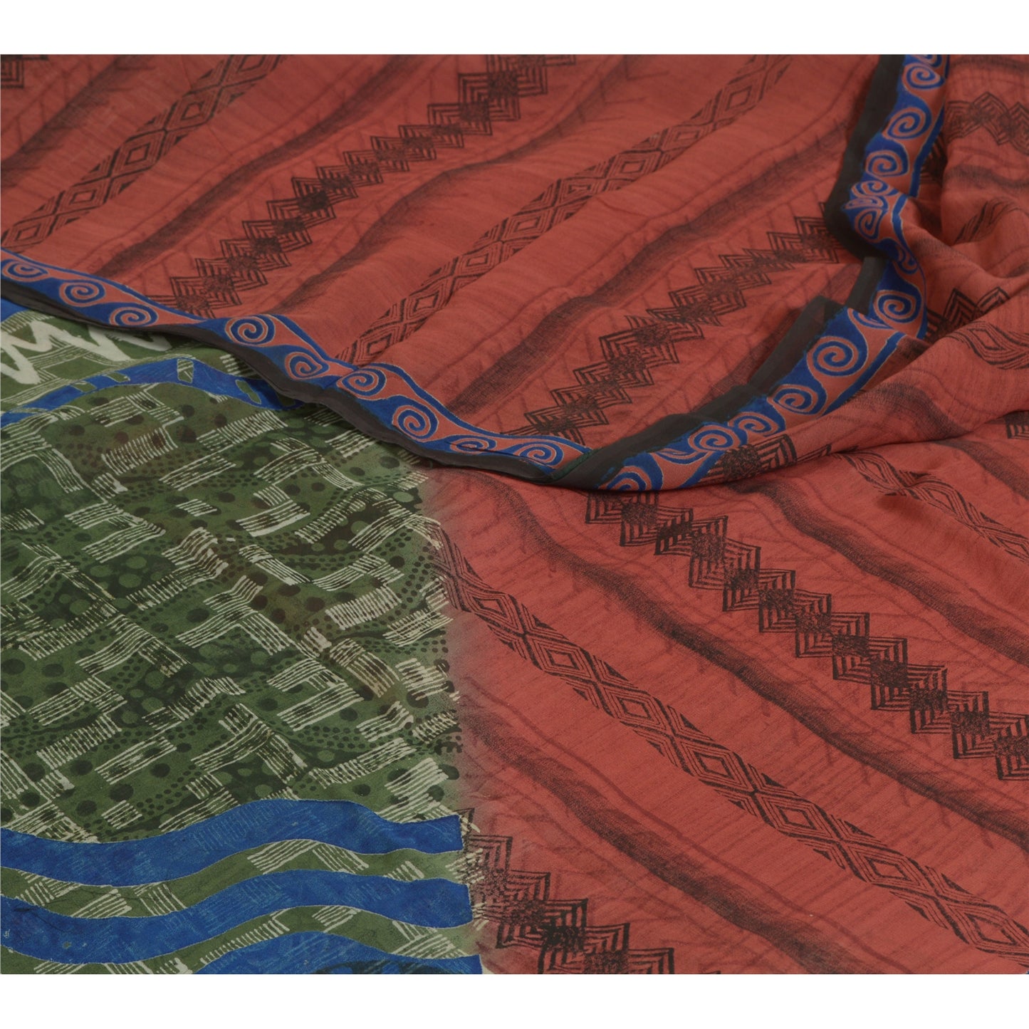 Sanskriti Vintage Sarees Red/Green Pure Georgette Silk Printed Sari Craft Sustainable Fabric