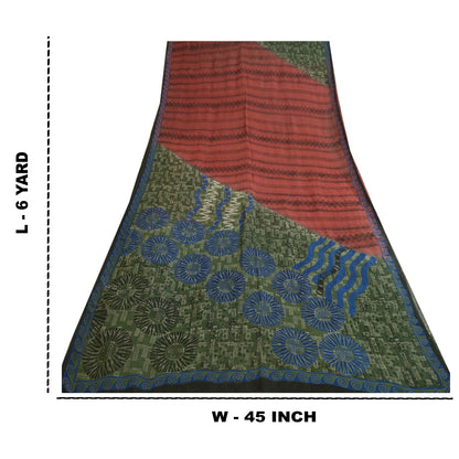 Sanskriti Vintage Sarees Red/Green Pure Georgette Silk Printed Sari Craft Sustainable Fabric