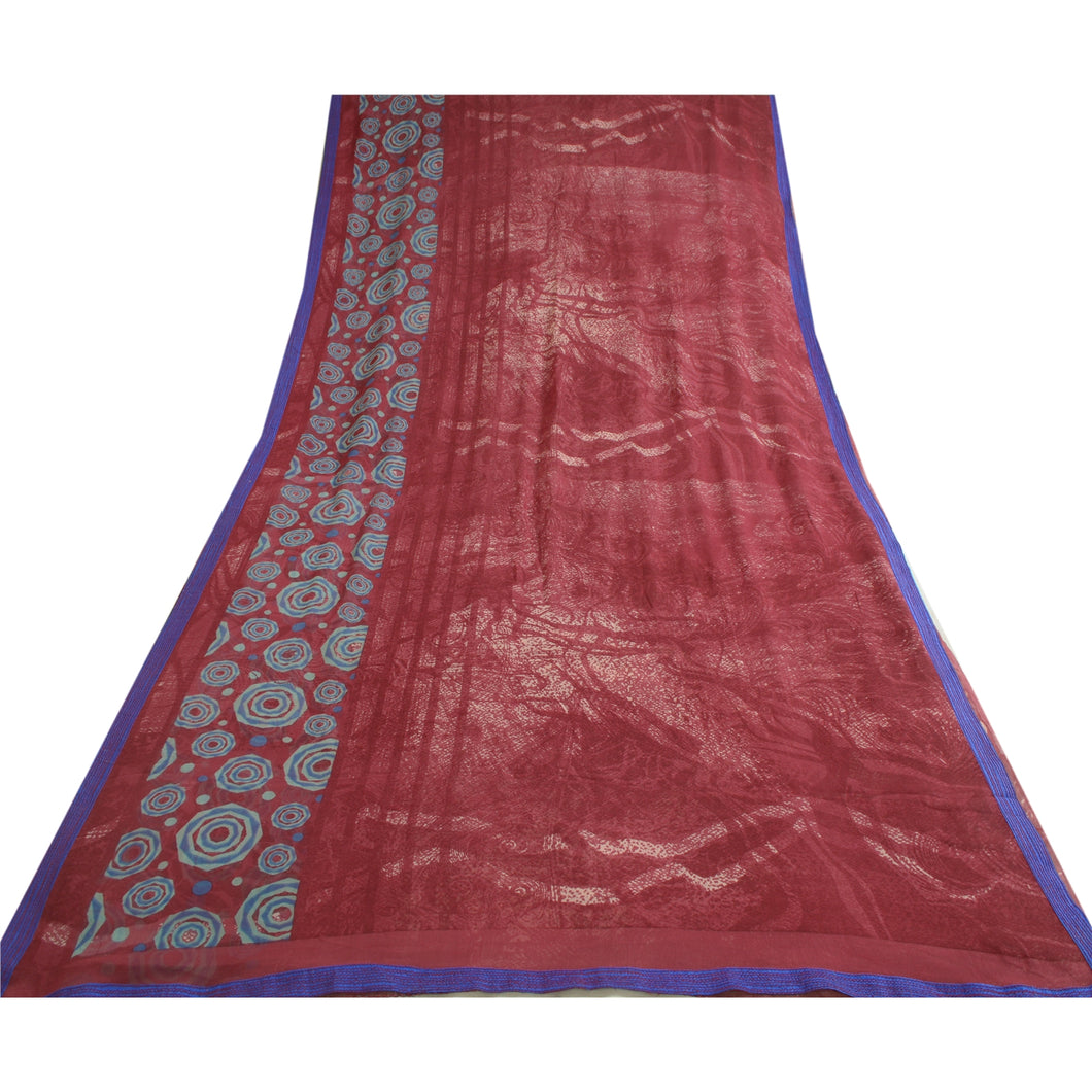 Sanskriti Vintage Sarees Dark Red Pure Chiffon Silk Printed Sari Craft Fabric