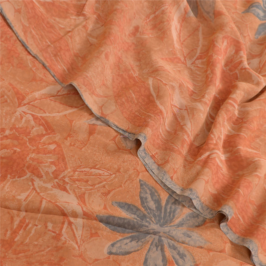 Sanskriti Vintage Sarees Peach Pure Georgette Silk Printed Sari 5yd Craft Sustainable Fabric