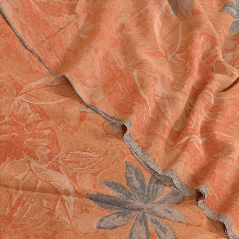 Sanskriti Vintage Sarees Peach Pure Georgette Silk Printed Sari 5yd Craft Sustainable Fabric