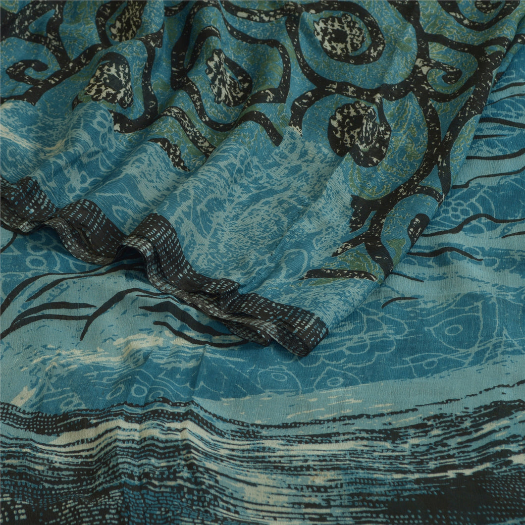 Sanskriti Vintage Sarees Black/Blue Pure Chiffon Silk Printed Sari Craft Fabric
