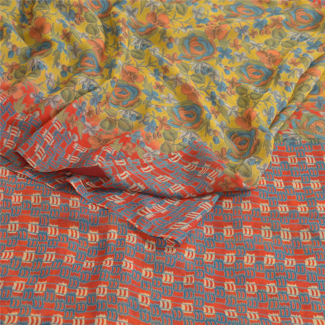 Sanskriti Vintage Sarees Yellow Pure Chiffon Silk Printed Sari Soft Craft Fabric