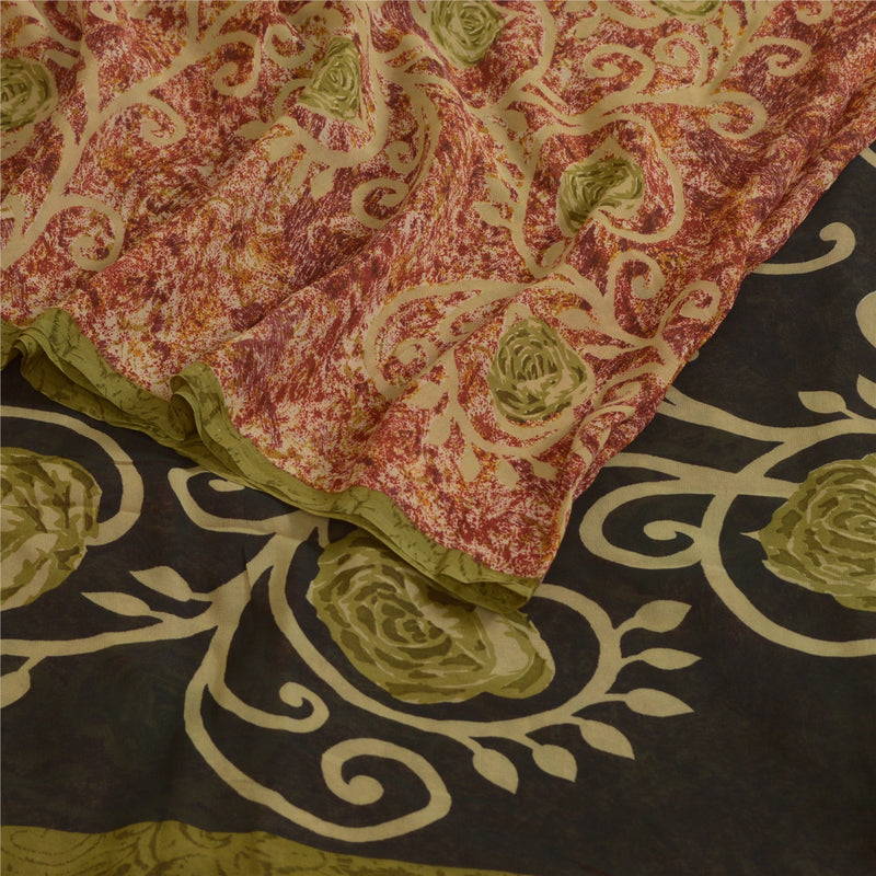 Sanskriti Vintage Sarees Red 100% Pure Georgette Silk Printed Sari Craft Sustainable Fabric