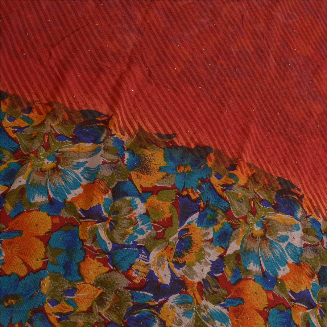 Sanskriti Vintage Sarees Dark Red Pure Chiffon Silk Printed Sari Craft Fabric