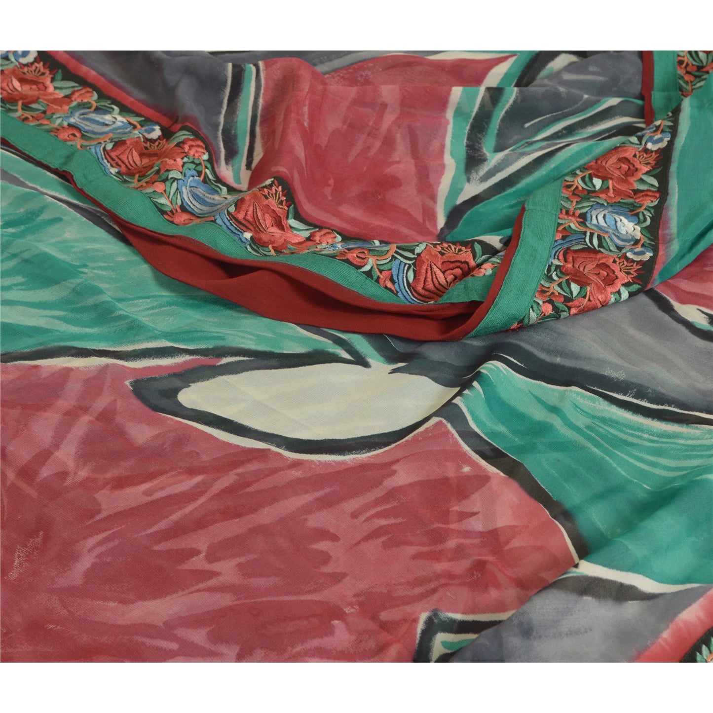 Sanskriti Vintage Sarees Pure Georgette Silk Embroiderd Patch Print Sari Sustainable Fabric