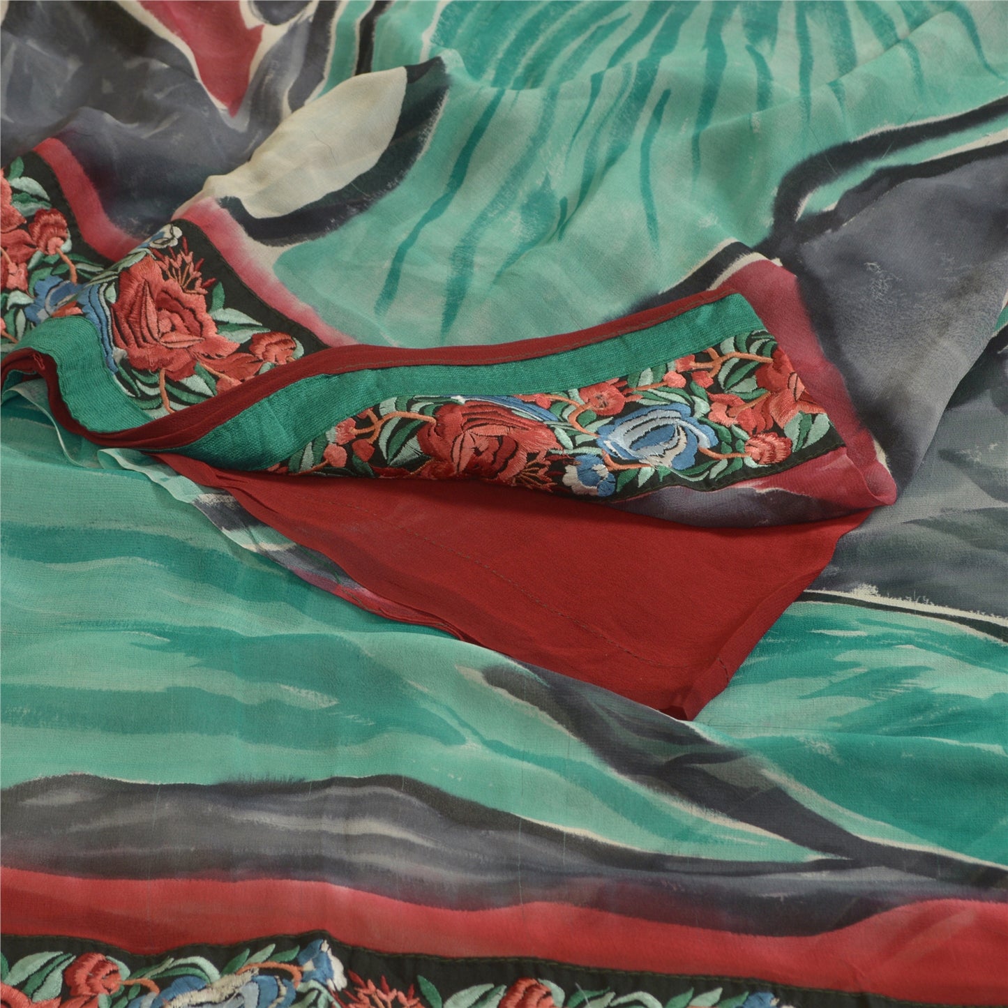 Sanskriti Vintage Sarees Pure Georgette Silk Embroiderd Patch Print Sari Sustainable Fabric