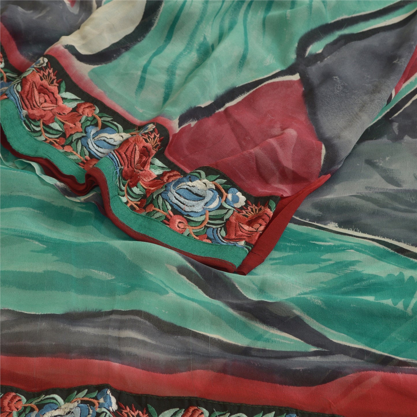 Sanskriti Vintage Sarees Pure Georgette Silk Embroiderd Patch Print Sari Sustainable Fabric