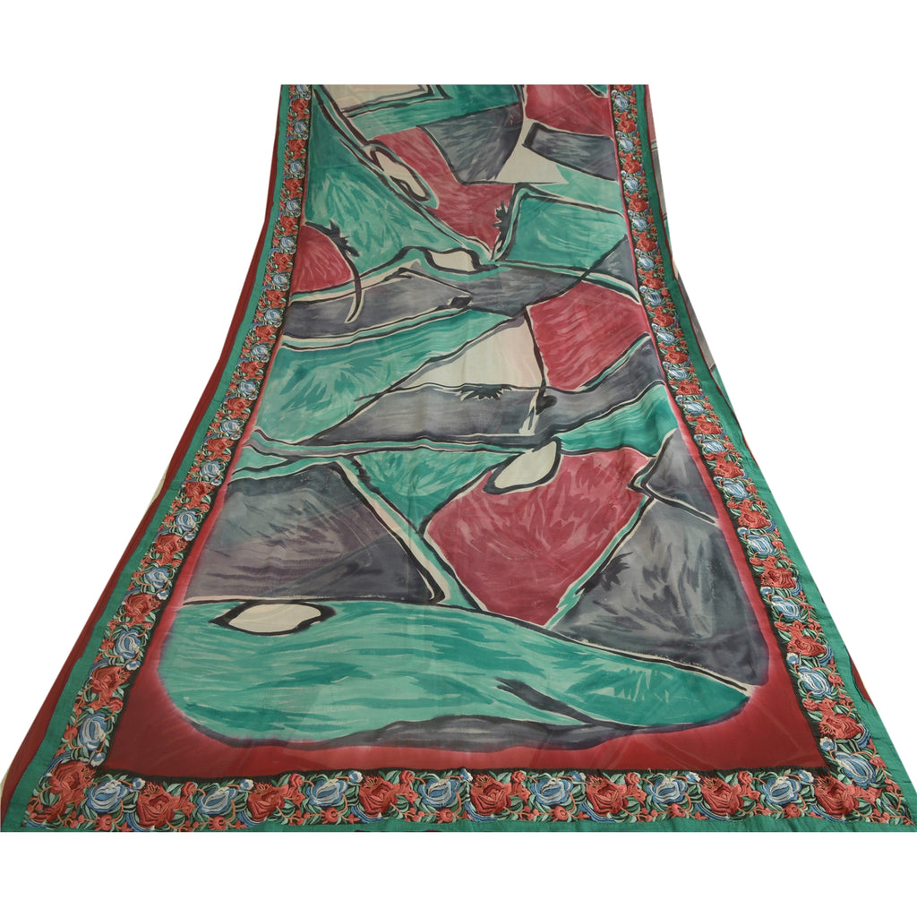 Sanskriti Vintage Sarees Pure Georgette Silk Embroiderd Patch Print Sari Sustainable Fabric