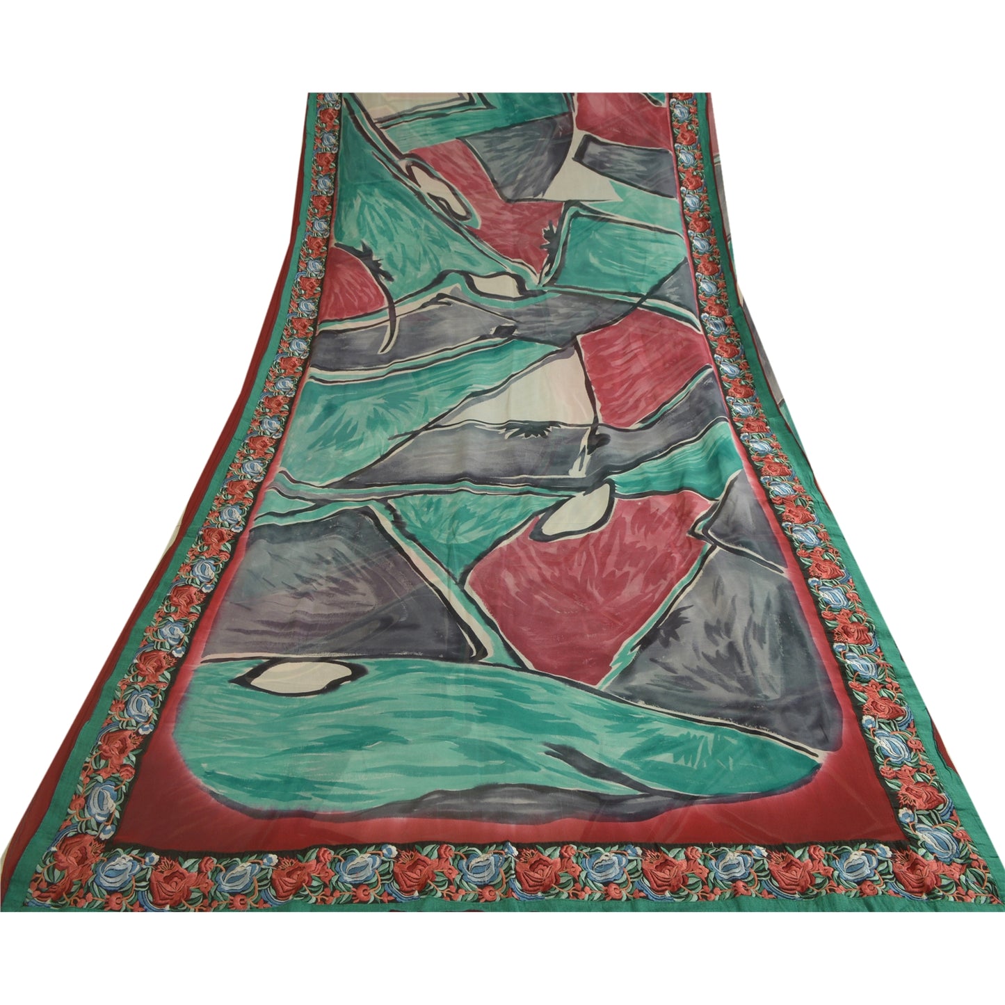 Sanskriti Vintage Sarees Pure Georgette Silk Embroiderd Patch Print Sari Sustainable Fabric