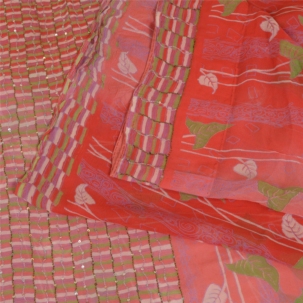 Sanskriti Vintage Sarees Red/Pink Handbead Pure Chiffon Silk Printed Sari Fabric