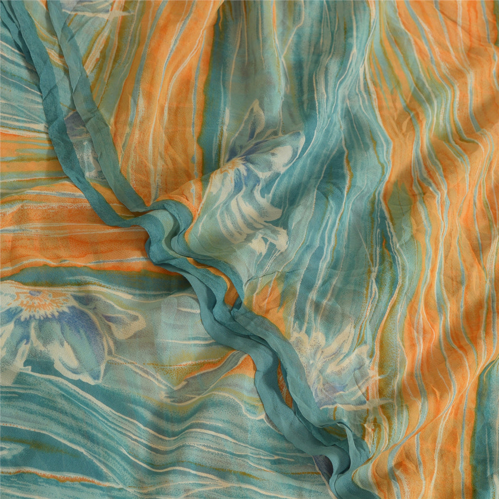 Sanskriti Vintage Sarees Orange/Blue Pure Georgette Silk Print Sari Craft Sustainable Fabric
