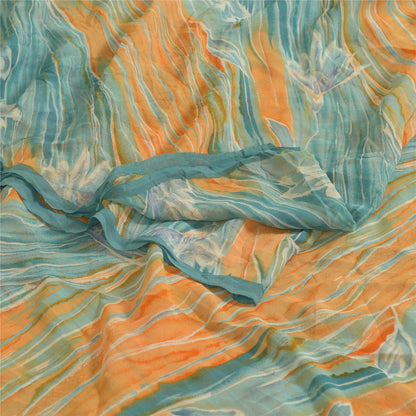 Sanskriti Vintage Sarees Orange/Blue Pure Georgette Silk Print Sari Craft Sustainable Fabric