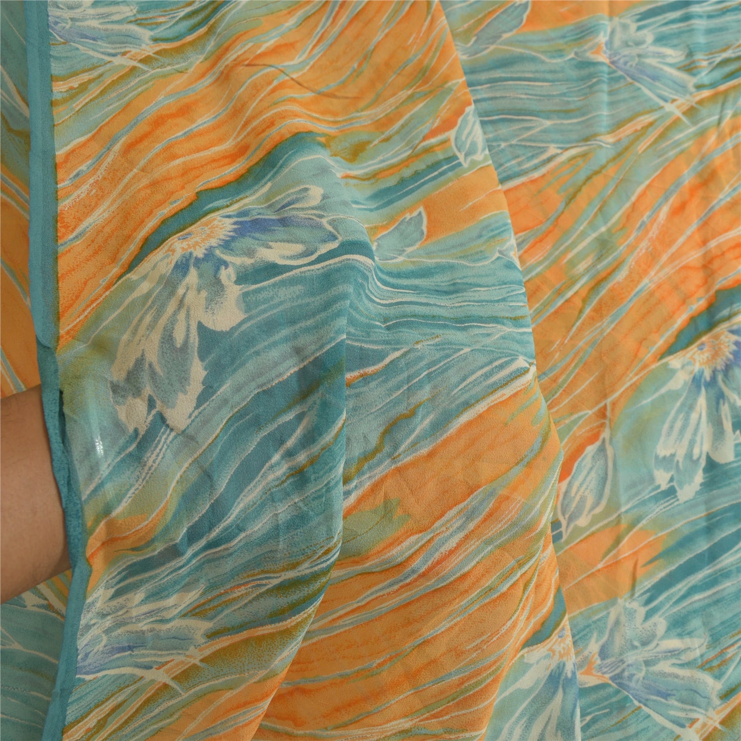 Sanskriti Vintage Sarees Orange/Blue Pure Georgette Silk Print Sari Craft Sustainable Fabric