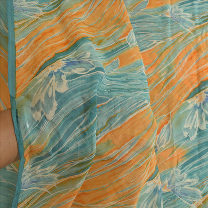 Sanskriti Vintage Sarees Orange/Blue Pure Georgette Silk Print Sari Craft Sustainable Fabric