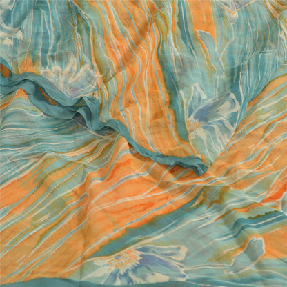 Sanskriti Vintage Sarees Orange/Blue Pure Georgette Silk Print Sari Craft Sustainable Fabric