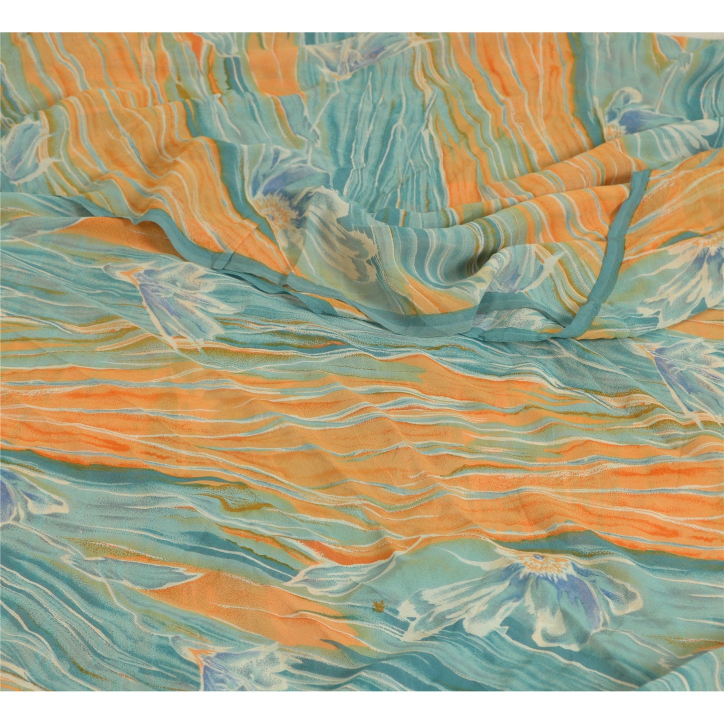Sanskriti Vintage Sarees Orange/Blue Pure Georgette Silk Print Sari Craft Sustainable Fabric