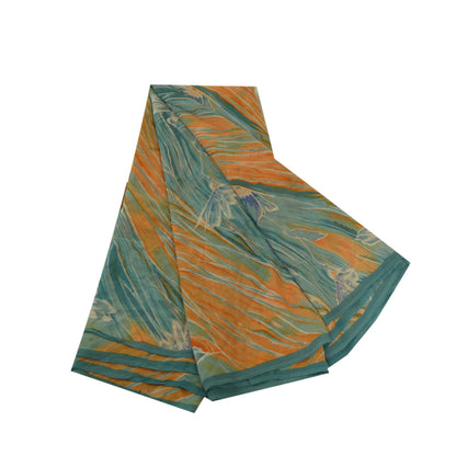 Sanskriti Vintage Sarees Orange/Blue Pure Georgette Silk Print Sari Craft Sustainable Fabric