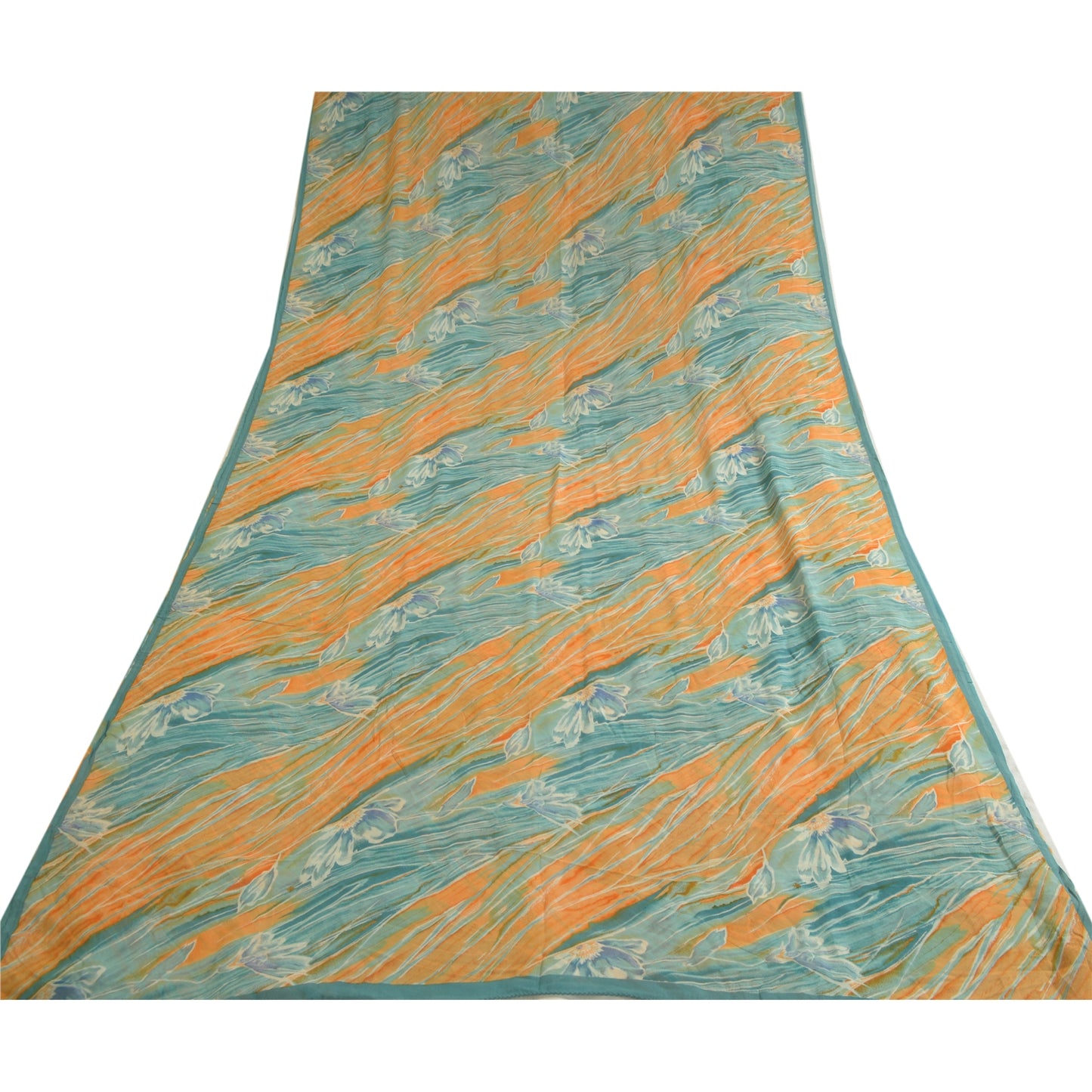 Sanskriti Vintage Sarees Orange/Blue Pure Georgette Silk Print Sari Craft Sustainable Fabric