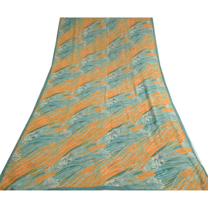 Sanskriti Vintage Sarees Orange/Blue Pure Georgette Silk Print Sari Craft Sustainable Fabric