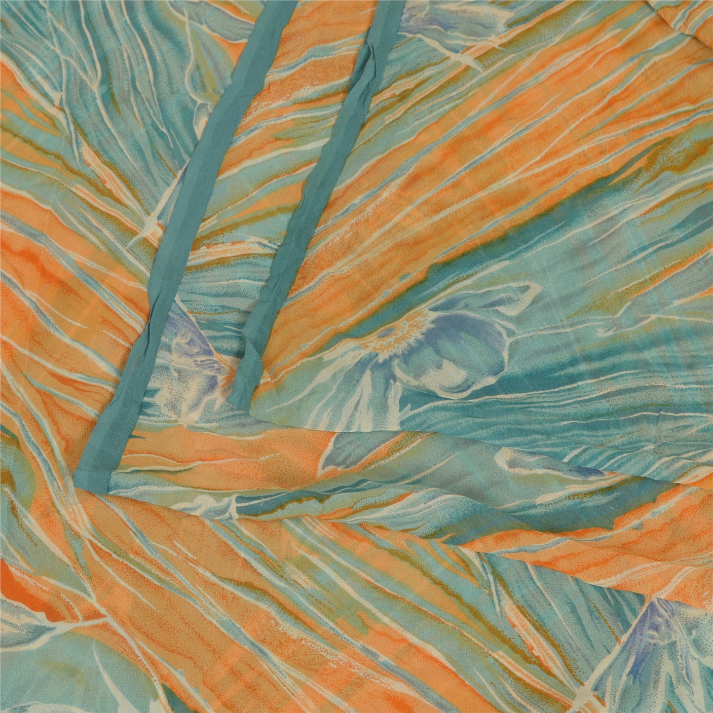 Sanskriti Vintage Sarees Orange/Blue Pure Georgette Silk Print Sari Craft Sustainable Fabric