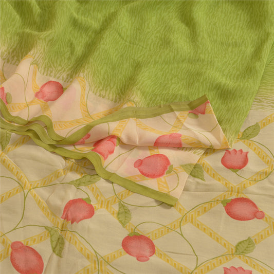 Sanskriti Vintage Sarees Green Pure Georgette Silk Printed Sari 5yd Craft Sustainable Fabric