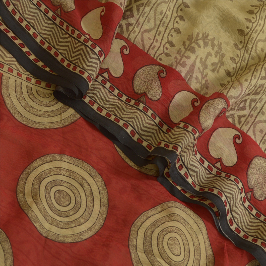 Sanskriti Vintage Sarees Cream/Red Pure Chiffon Silk Printed Sari Craft Fabric