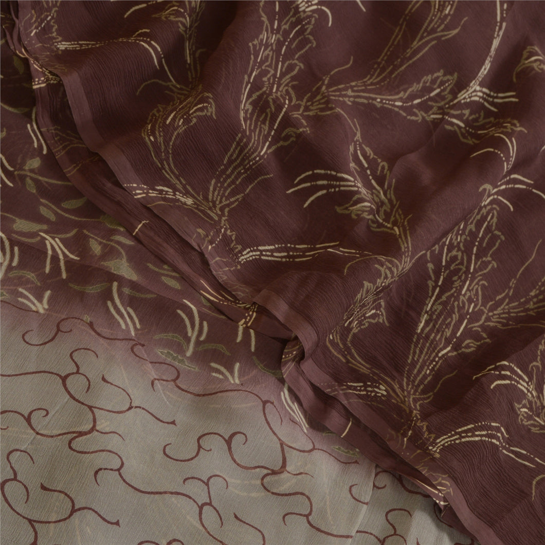 Sanskriti Vintage Sarees Indian Brown Pure Chiffon Silk Print Sari Craft Fabric