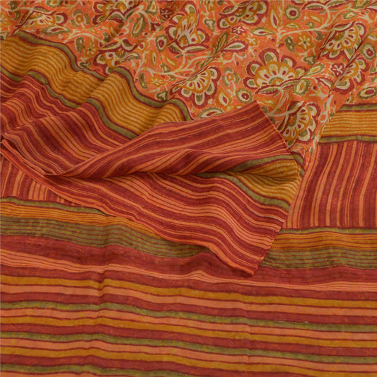 Sanskriti Vintage Sarees Orange Hand Block Printed Pure Georgette Sari Sustainable Fabric