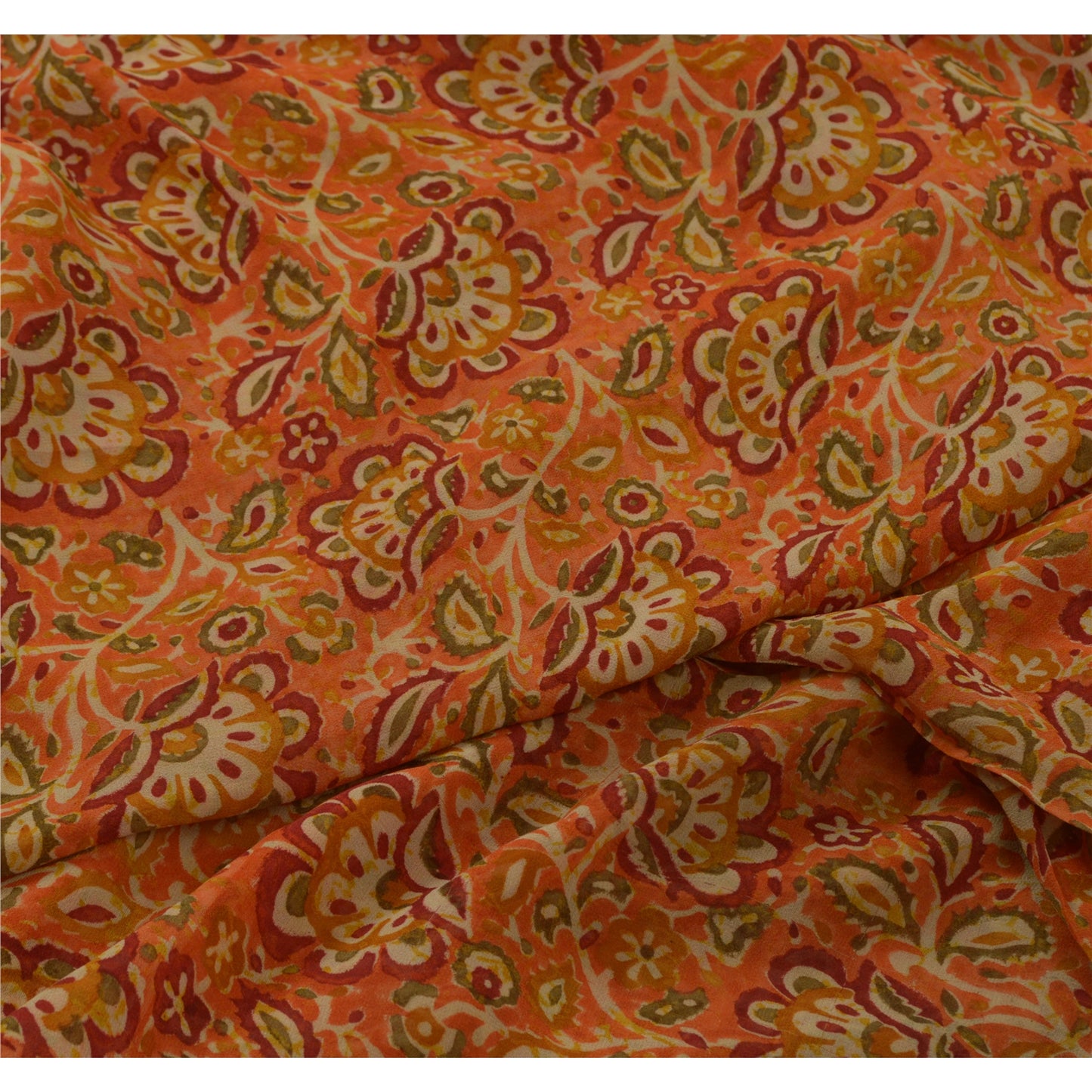 Sanskriti Vintage Sarees Orange Hand Block Printed Pure Georgette Sari Sustainable Fabric