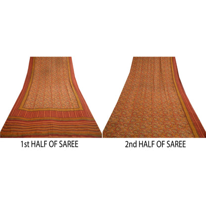 Sanskriti Vintage Sarees Orange Hand Block Printed Pure Georgette Sari Sustainable Fabric