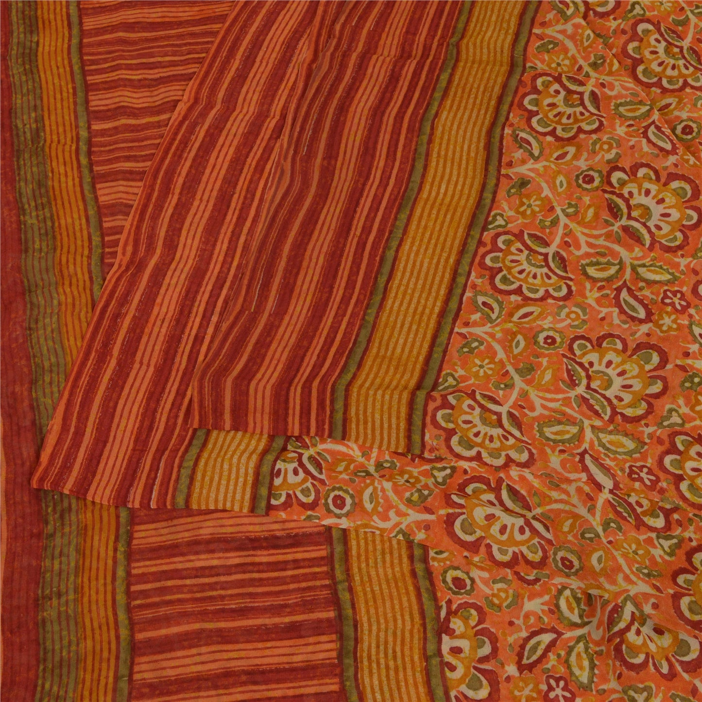 Sanskriti Vintage Sarees Orange Hand Block Printed Pure Georgette Sari Sustainable Fabric