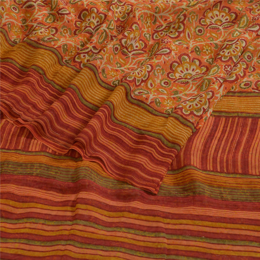 Sanskriti Vintage Sarees Orange Hand Block Printed Pure Georgette Sari Sustainable Fabric